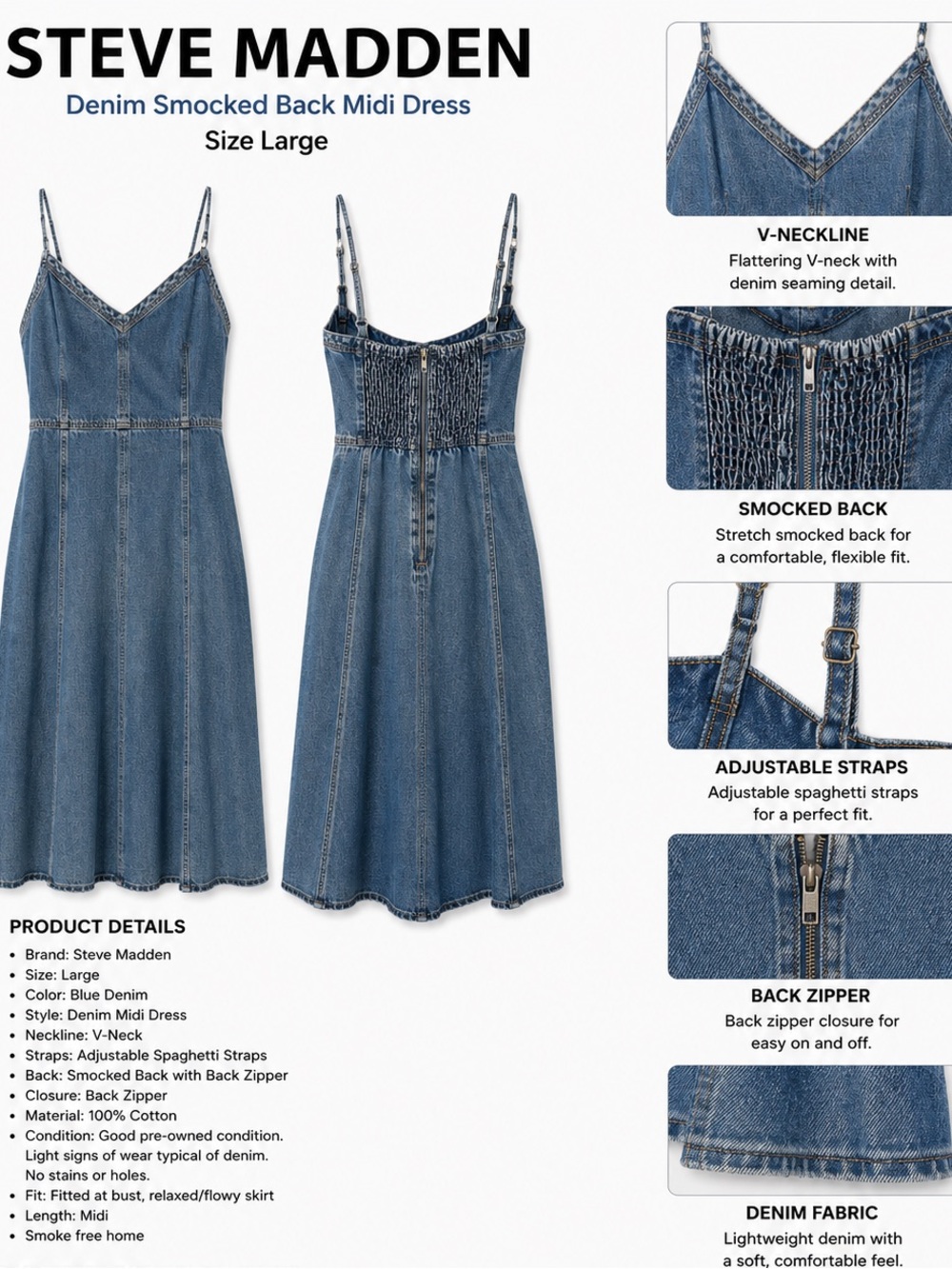 Steve Madden Blue Denim Smocked-Back Midi Dress